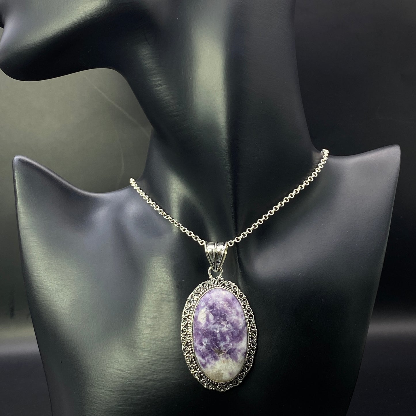 .925 Sterling Silver Lepidolite Oval Pendant #1