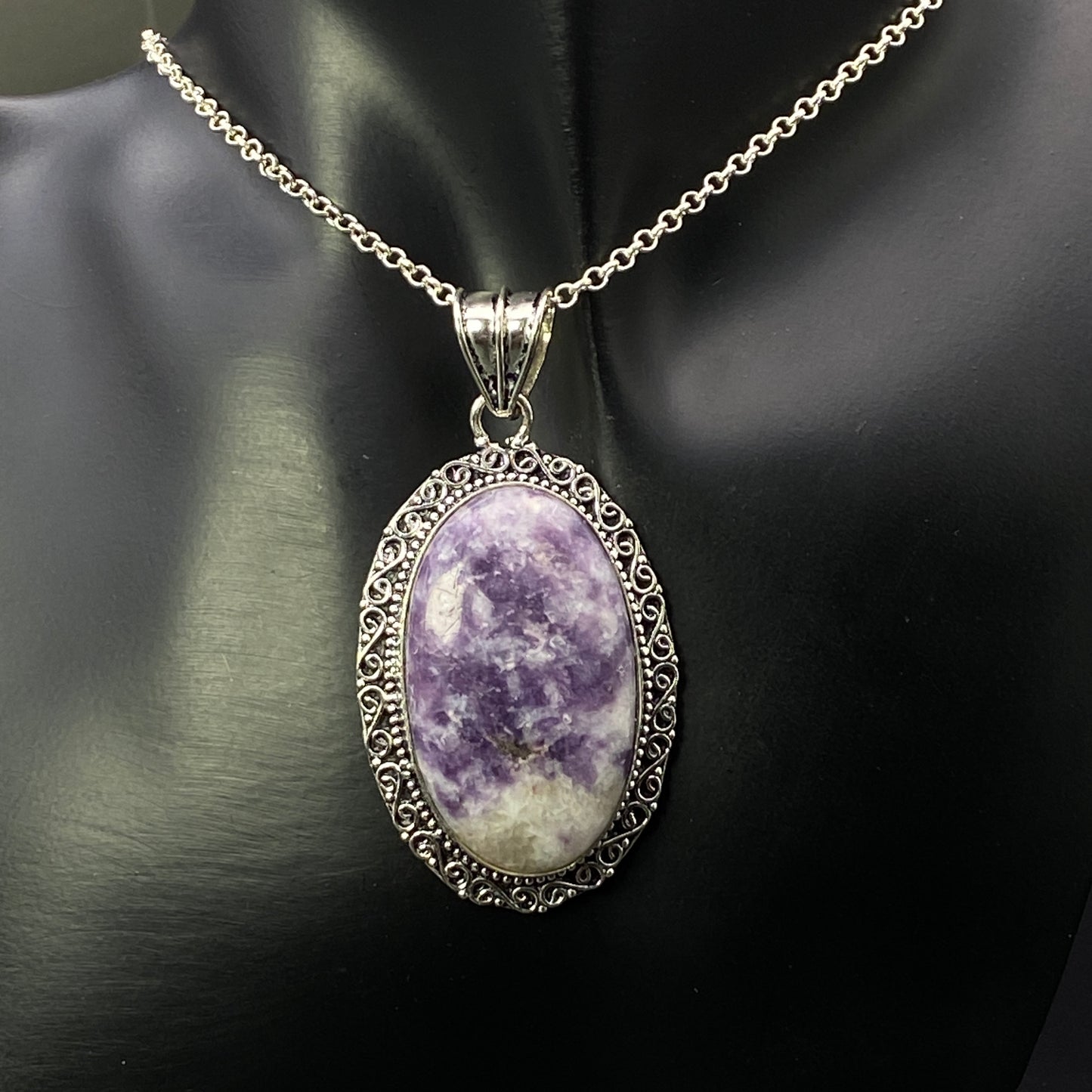 .925 Sterling Silver Lepidolite Oval Pendant #1