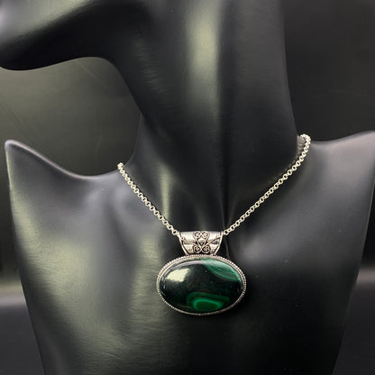 .925 Sterling Silver Malachite Oval Pendant