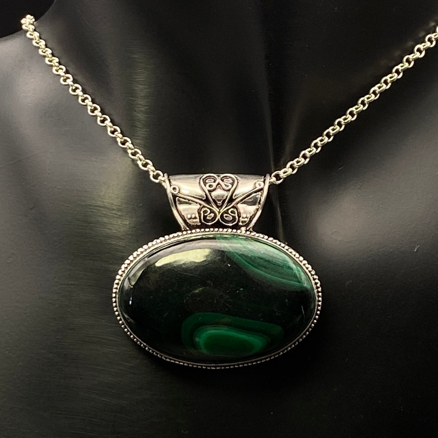 .925 Sterling Silver Malachite Oval Pendant