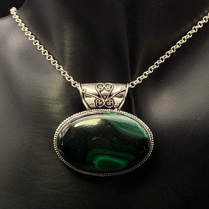 .925 Sterling Silver Malachite Oval Pendant