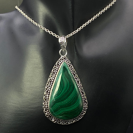 .925 Sterling Silver Malachite Teardrop Pendant #3 - HUGE!