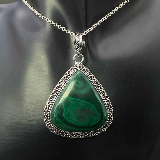.925 Sterling Silver Malachite Teardrop Pendant #4 - HUGE!