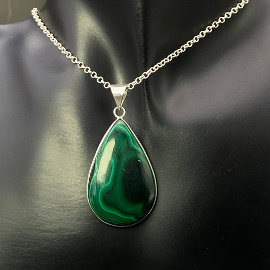 .925 Sterling Silver Malachite Teardrop Pendant #6