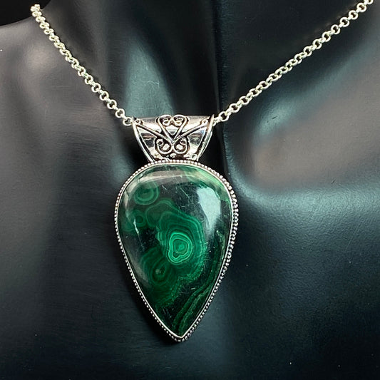 .925 Sterling Silver Malachite Teardrop Pendant #7