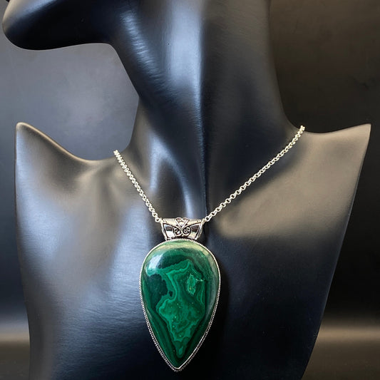 .925 Sterling Silver Malachite Teardrop Pendant #2 - Huge!