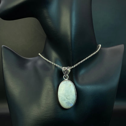 .925 Sterling Silver Rainbow Moonstone Oval Pendant #3