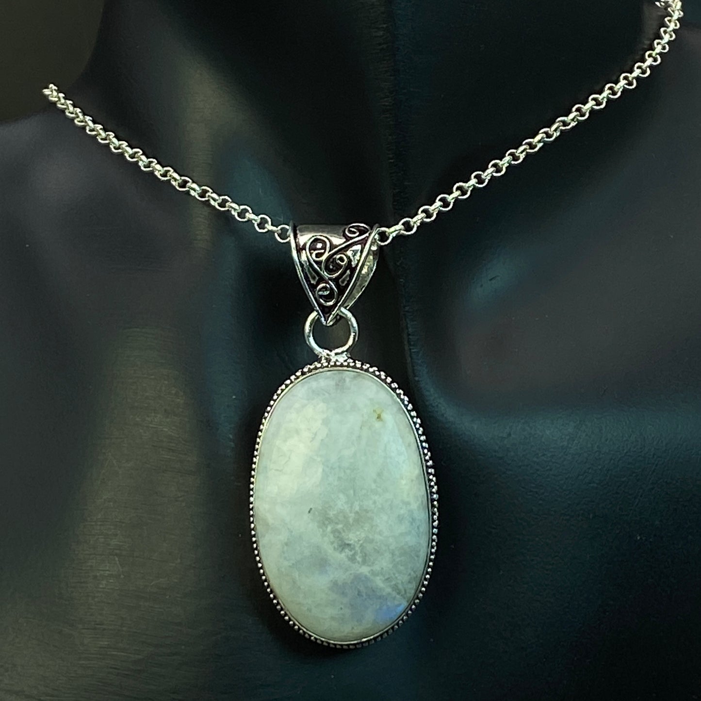 .925 Sterling Silver Rainbow Moonstone Oval Pendant #3