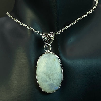 .925 Sterling Silver Rainbow Moonstone Oval Pendant #3