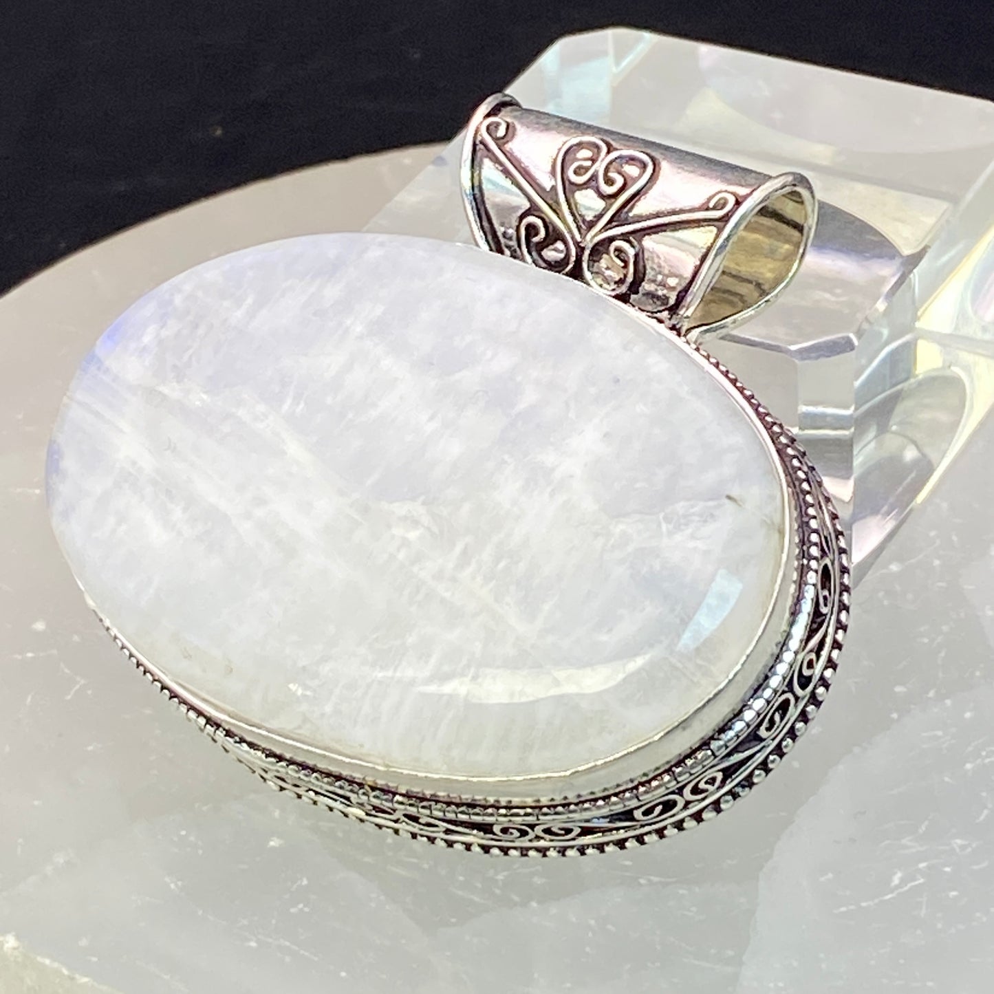 .925 Sterling Silver Rainbow Moonstone Oval Pendant #5