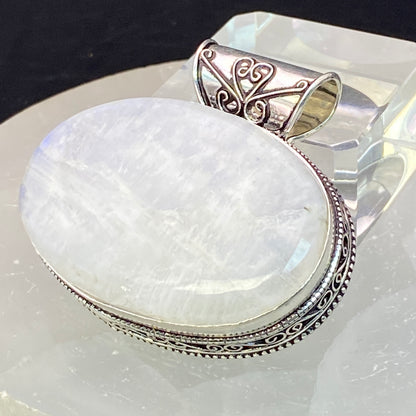 .925 Sterling Silver Rainbow Moonstone Oval Pendant #5