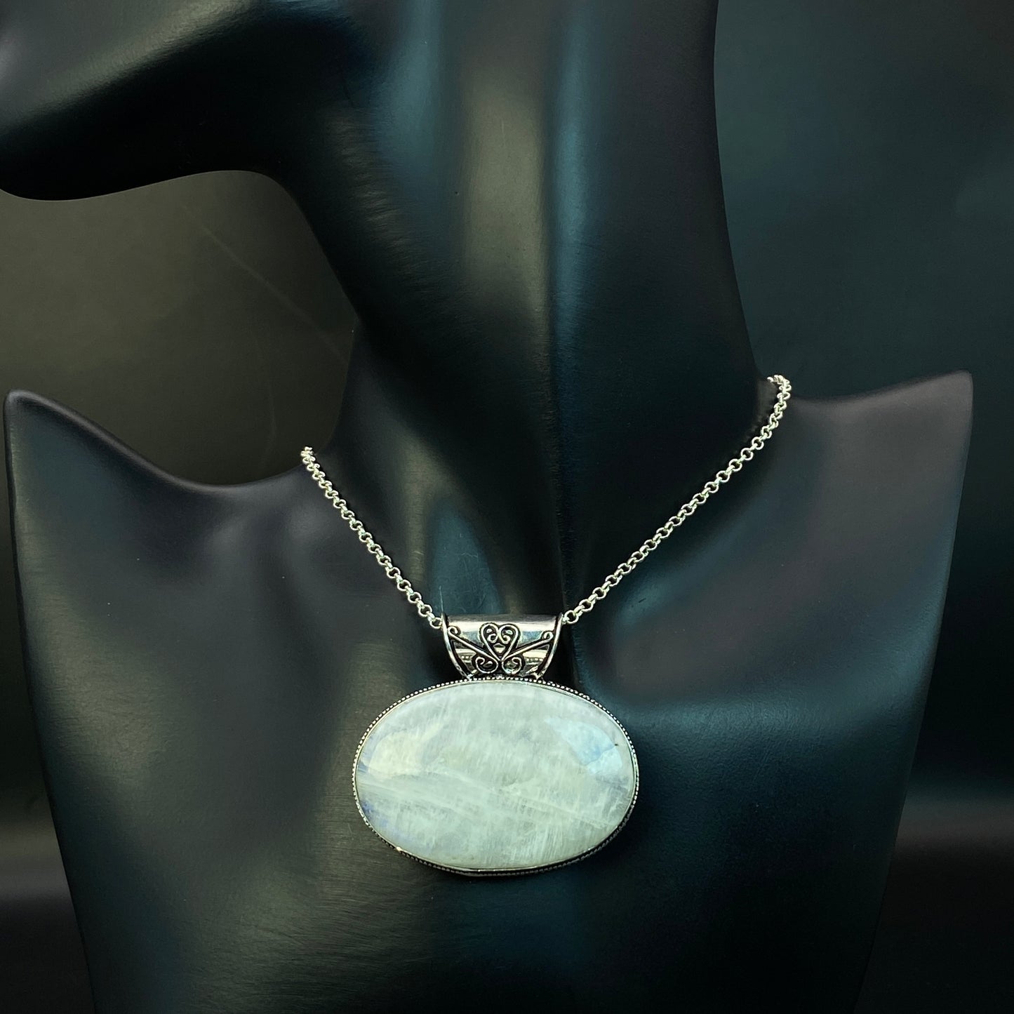 .925 Sterling Silver Rainbow Moonstone Oval Pendant #5