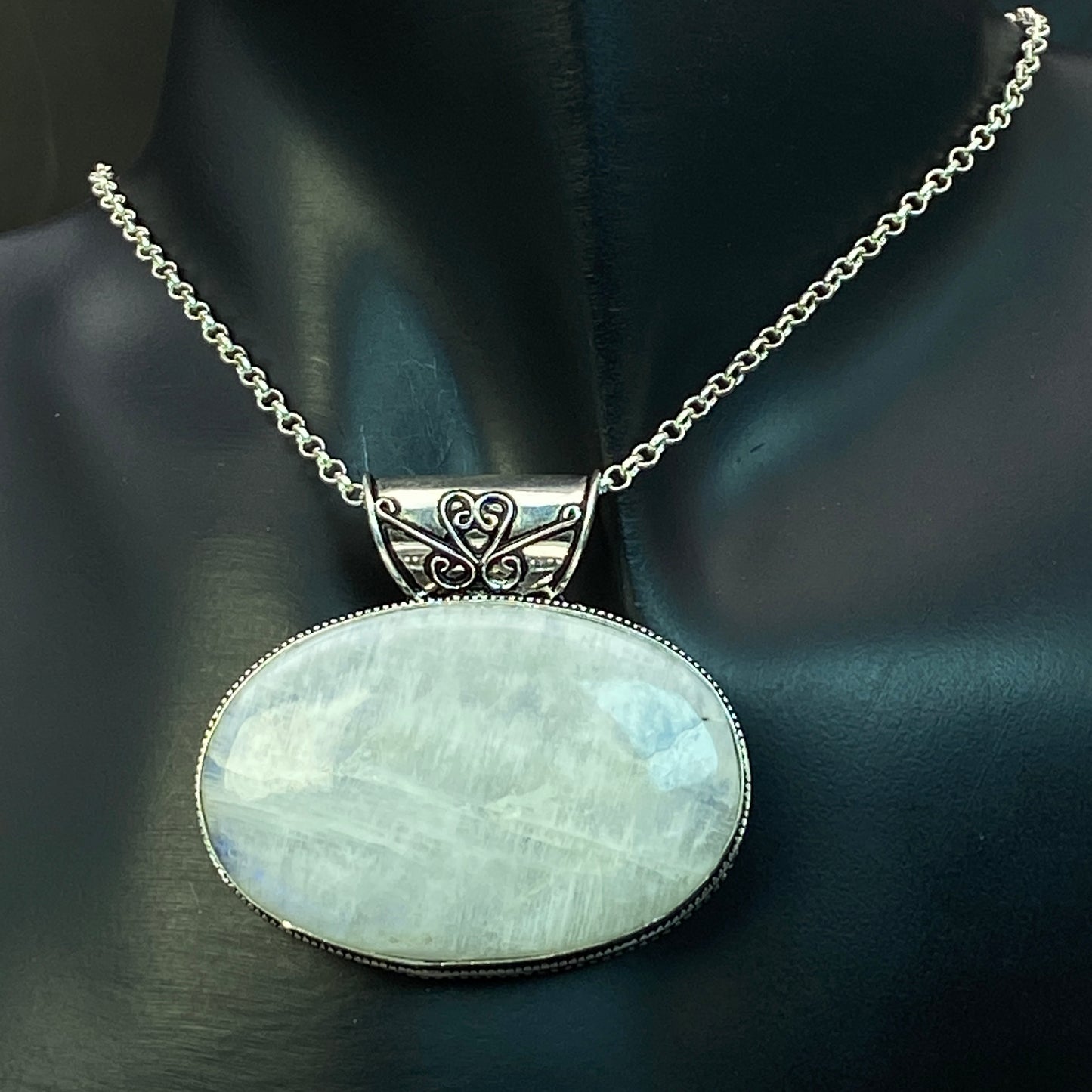 .925 Sterling Silver Rainbow Moonstone Oval Pendant #5