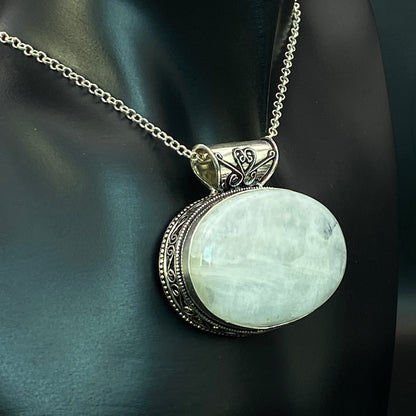 .925 Sterling Silver Rainbow Moonstone Oval Pendant #5