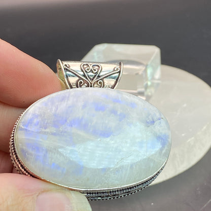 .925 Sterling Silver Rainbow Moonstone Oval Pendant #5