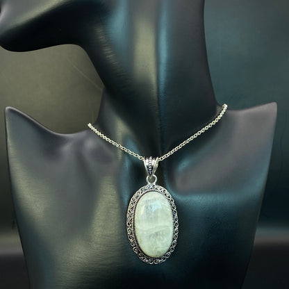 .925 Sterling Silver Rainbow Moonstone Oval Pendant #6