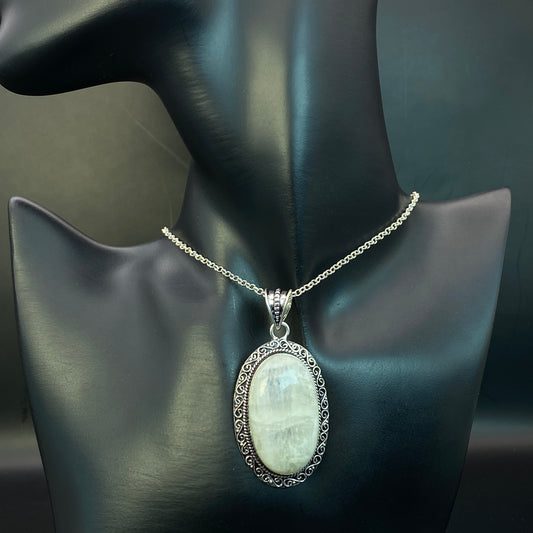 .925 Sterling Silver Rainbow Moonstone Oval Pendant #6
