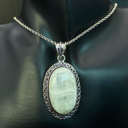 .925 Sterling Silver Rainbow Moonstone Oval Pendant #6