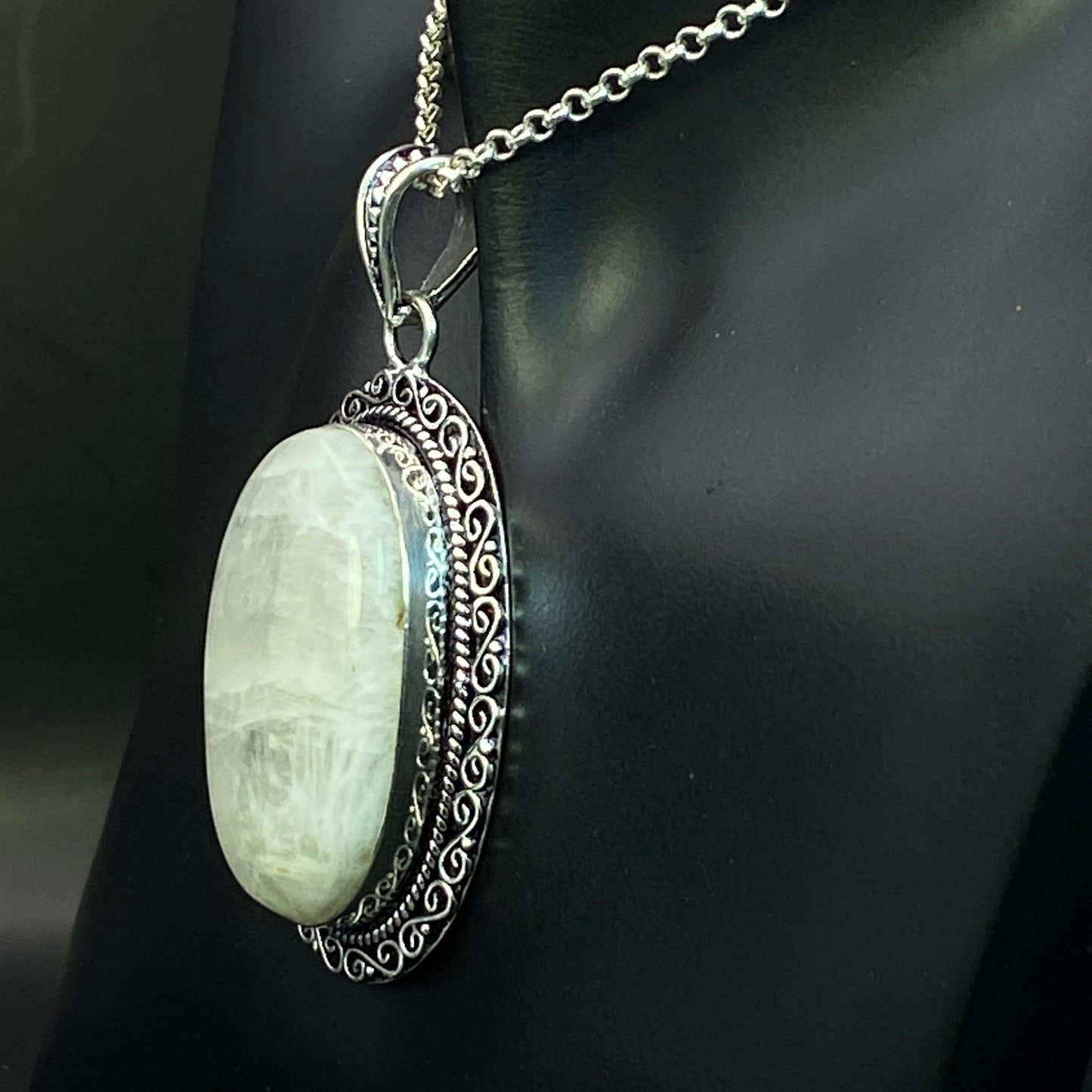 .925 Sterling Silver Rainbow Moonstone Oval Pendant #6