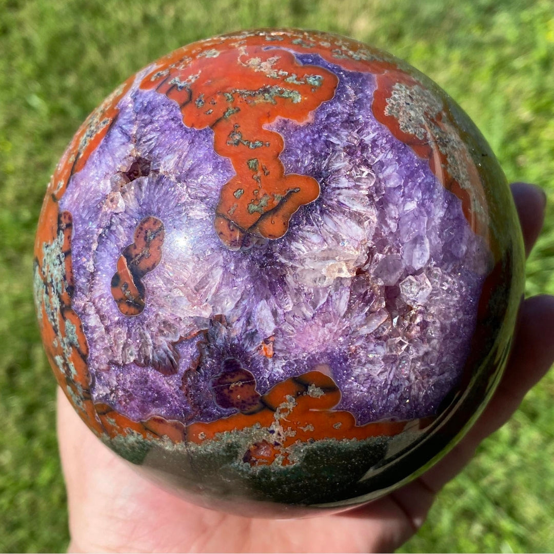 HUGE Red Moss Agate with Amethyst Sphere - FREE Stand!