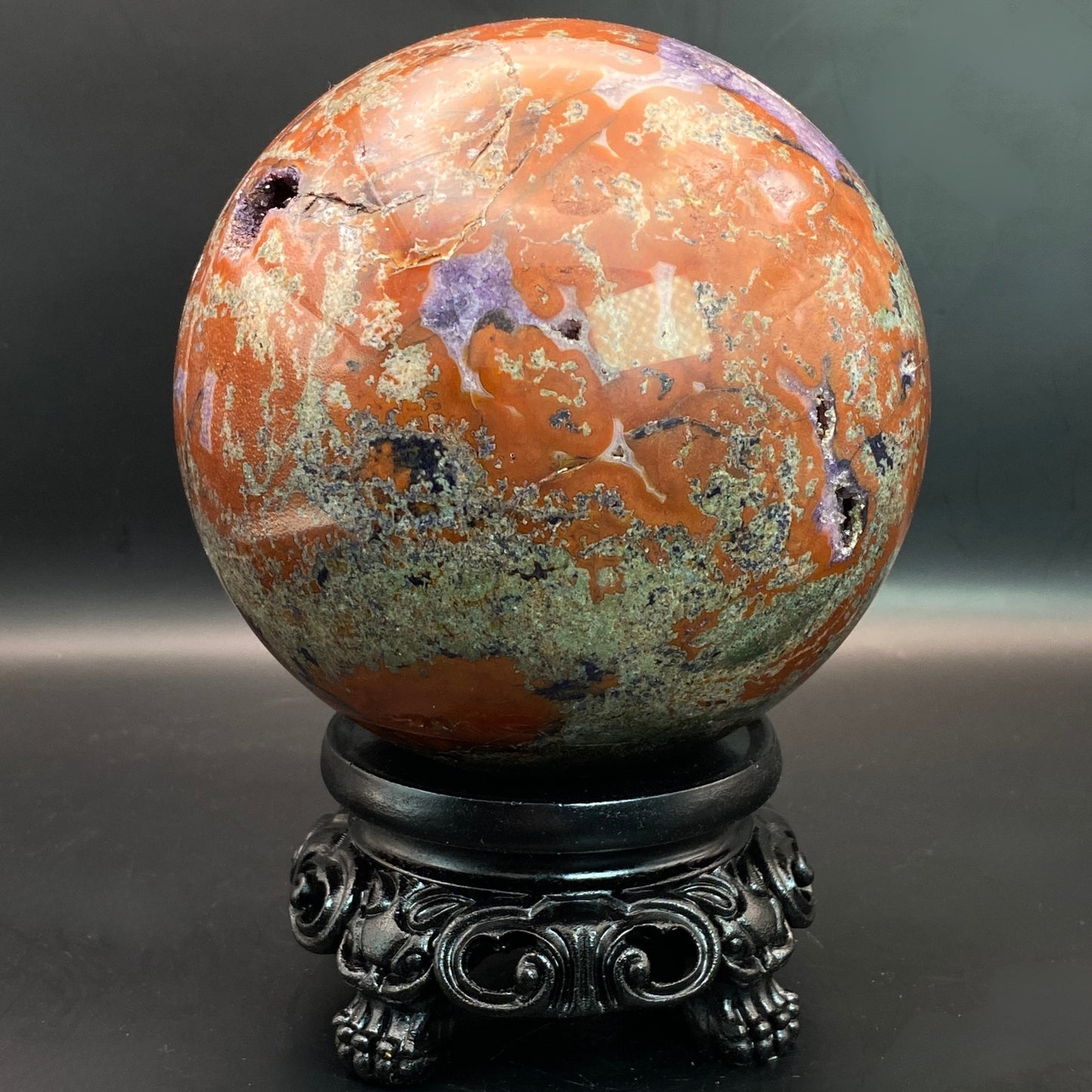 HUGE Red Moss Agate with Amethyst Sphere - FREE Stand!