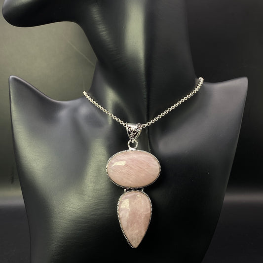 .925 Sterling Silver Rose Quartz Pendant - HUGE!