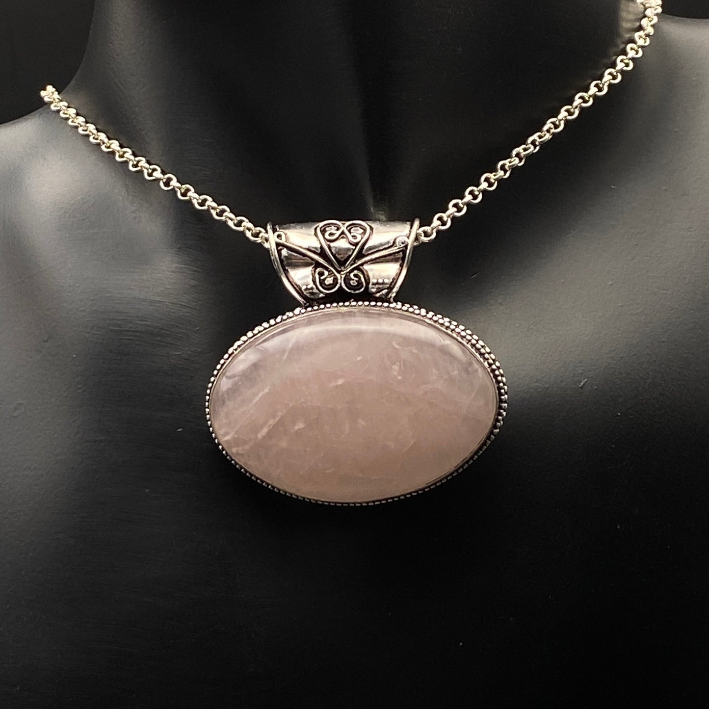 .925 Sterling Silver Rose Quartz Oval Pendant #3