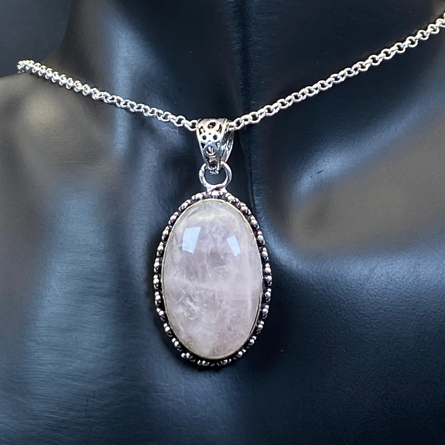 .925 Sterling Silver Rose Quartz Oval Pendant #2