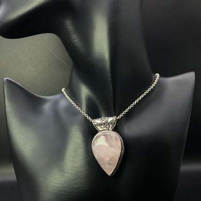 .925 Sterling Silver Rose Quartz Teardrop Pendant #5
