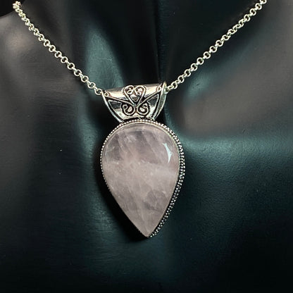 .925 Sterling Silver Rose Quartz Teardrop Pendant #5