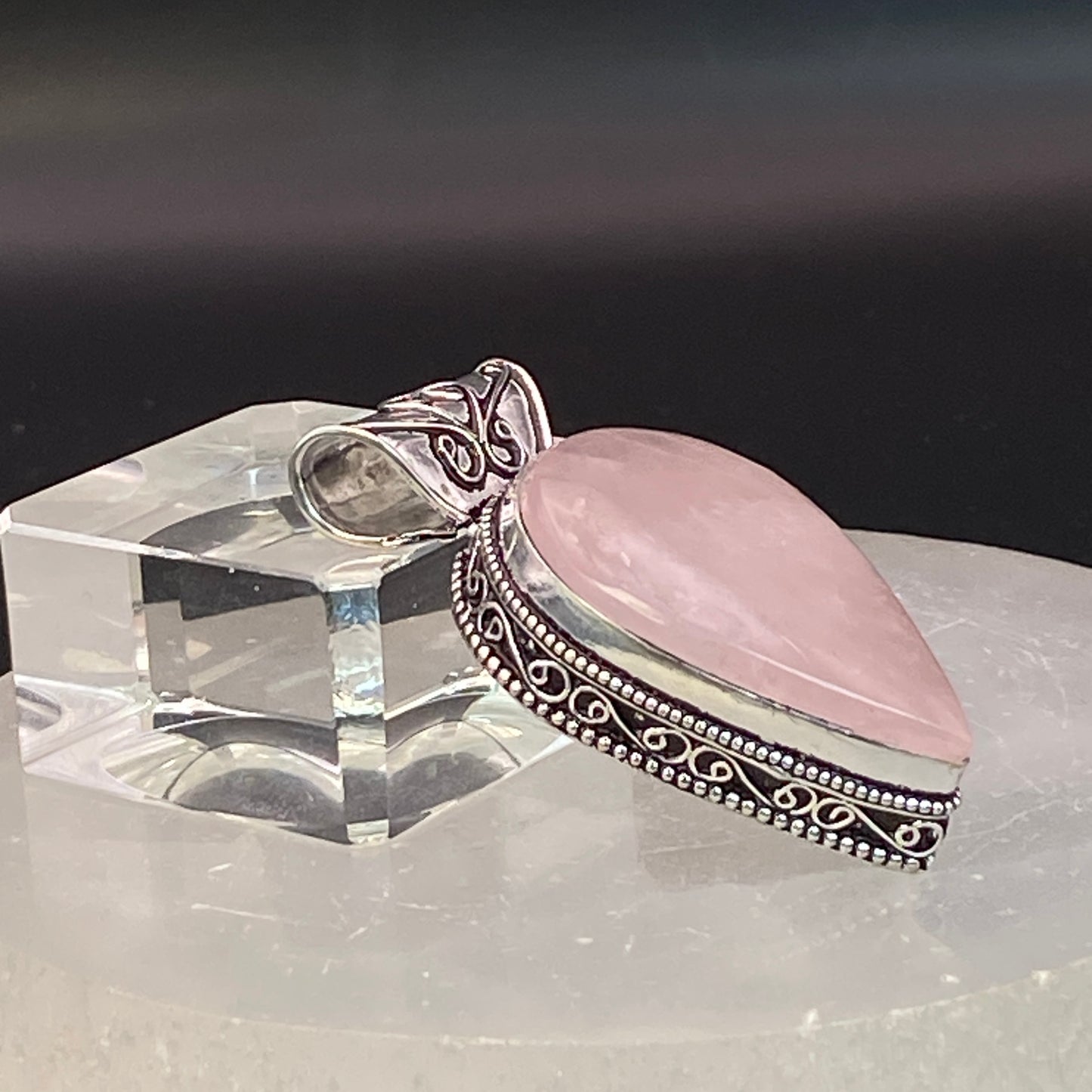 .925 Sterling Silver Rose Quartz Teardrop Pendant #5