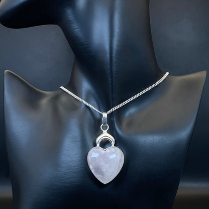 .925 Sterling Silver Rose Quartz Heart/Moon Pendant