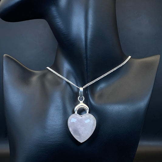 .925 Sterling Silver Rose Quartz Heart/Moon Pendant
