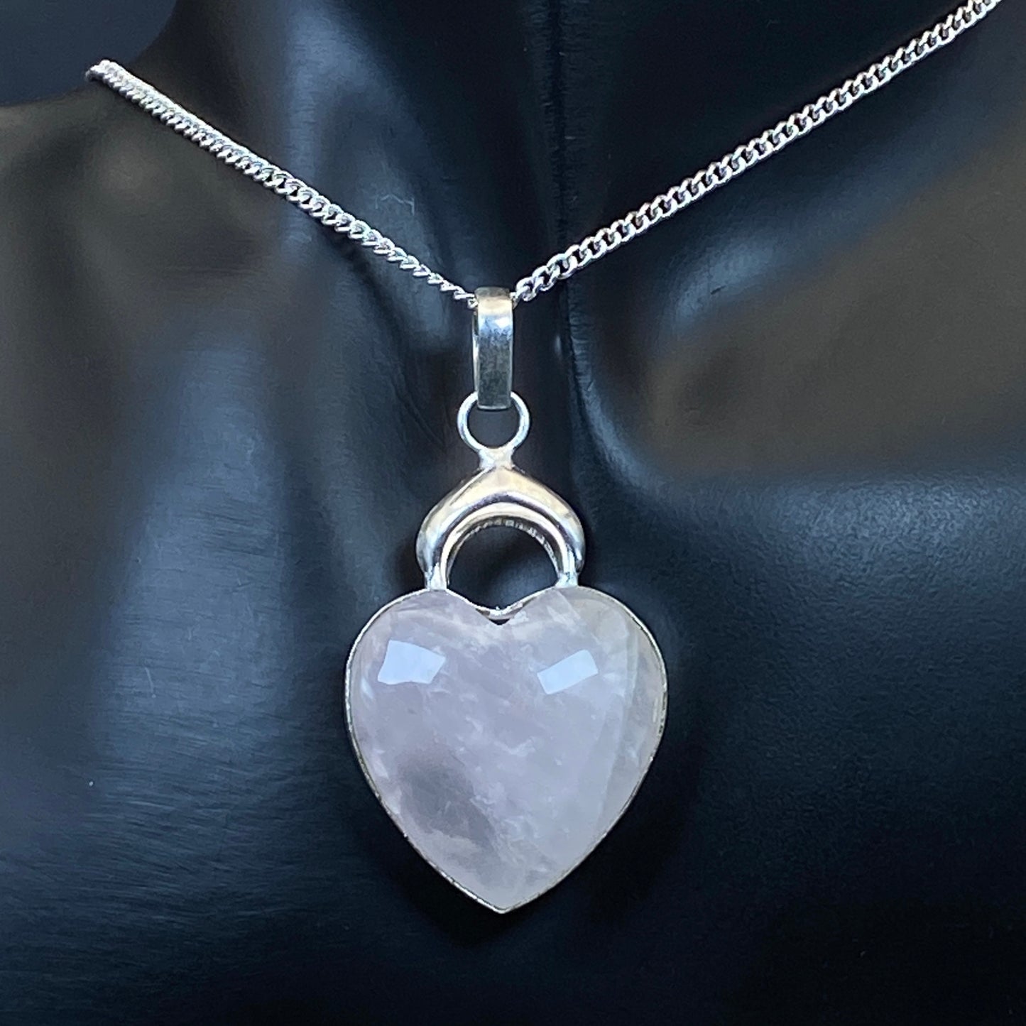 .925 Sterling Silver Rose Quartz Heart/Moon Pendant