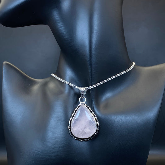 .925 Sterling Silver Rose Quartz Teardrop Pendant #2