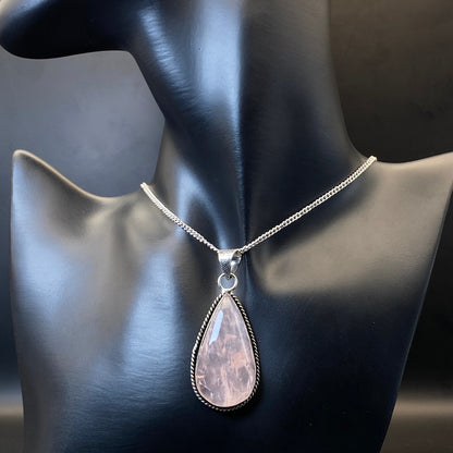 .925 Sterling Silver Rose Quartz Teardrop Pendant #4