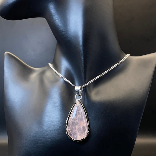 .925 Sterling Silver Rose Quartz Teardrop Pendant #4