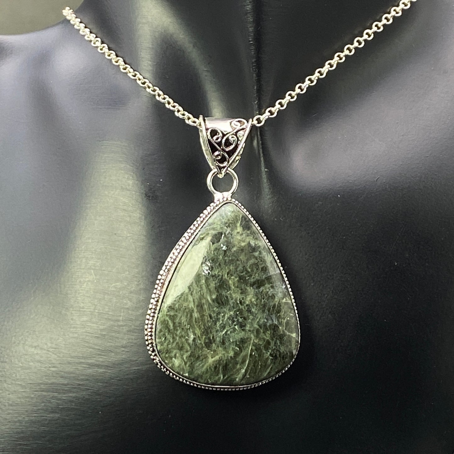 .925 Sterling Silver Seraphinite Teardrop Pendant