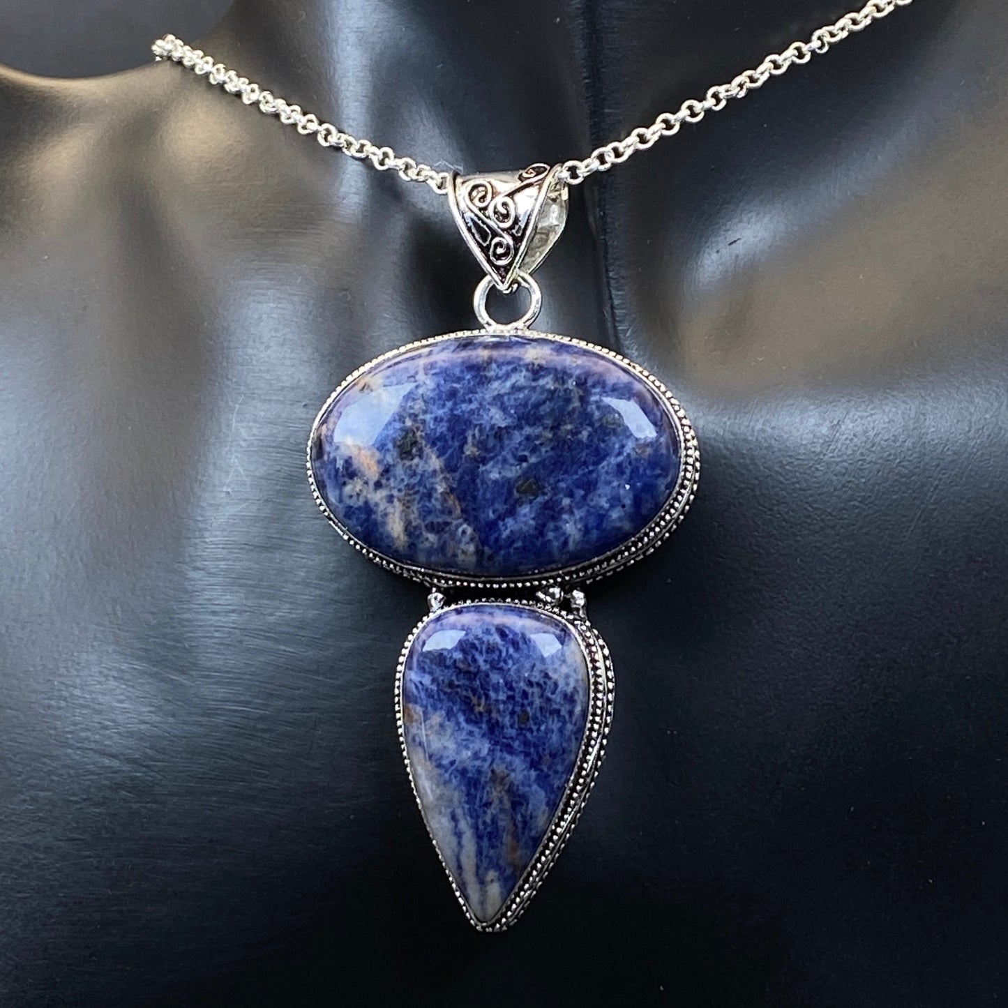 .925 Sterling Silver Sodalite Pendant - HUGE!
