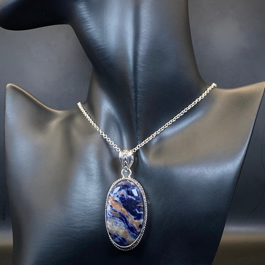 .925 Sterling Silver Sodalite Oval Pendant
