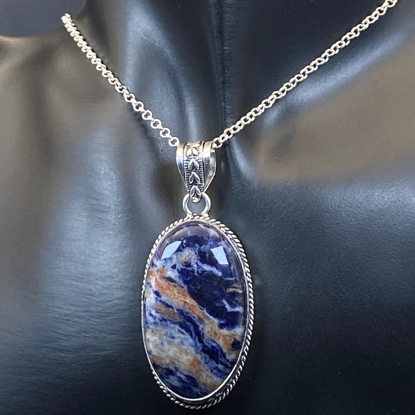 .925 Sterling Silver Sodalite Oval Pendant