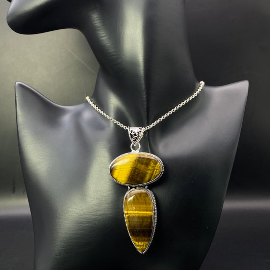 .925 Sterling Silver Tiger's Eye Pendant - HUGE!