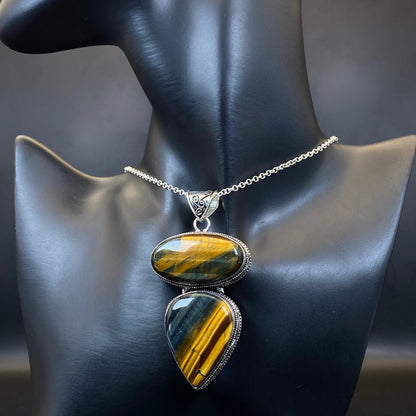 .925 Sterling Silver Tiger's Eye Pendant - Huge!