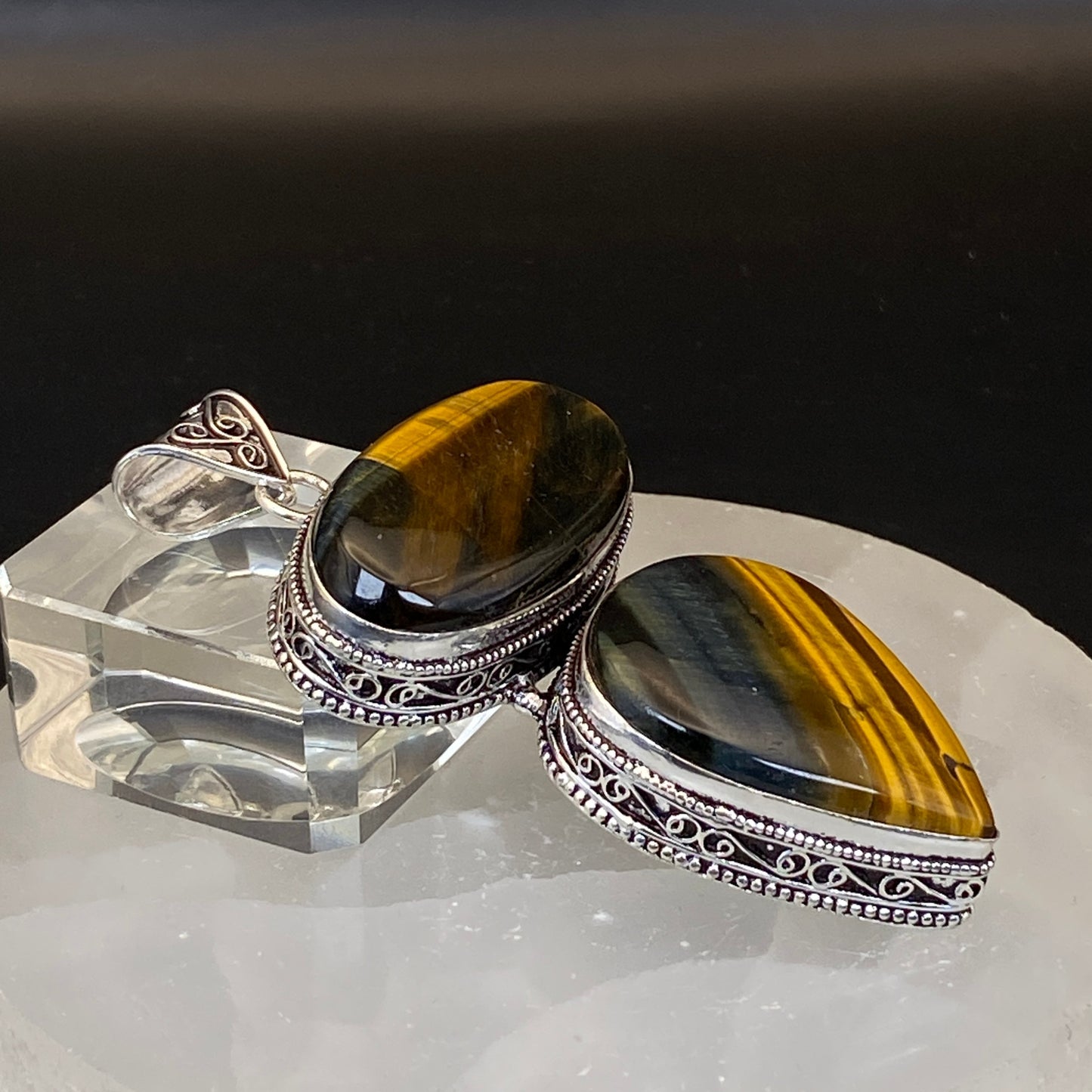 .925 Sterling Silver Tiger's Eye Pendant - Huge!