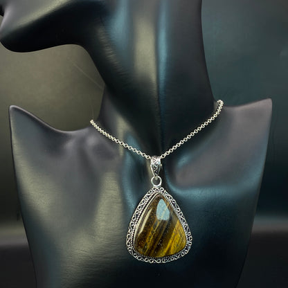 .925 Sterling Silver Tiger's Eye Teardrop Pendant