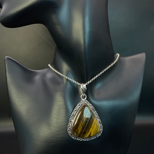 .925 Sterling Silver Tiger's Eye Teardrop Pendant