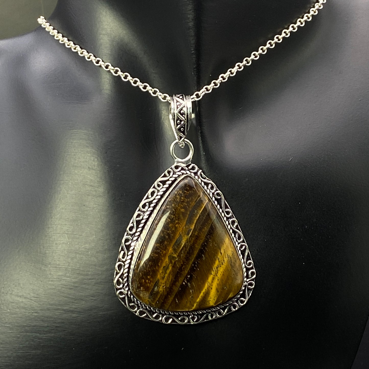 .925 Sterling Silver Tiger's Eye Teardrop Pendant