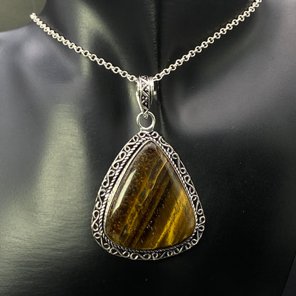 .925 Sterling Silver Tiger's Eye Teardrop Pendant