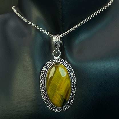 .925 Sterling Silver Tiger's Eye Oval Pendant #1