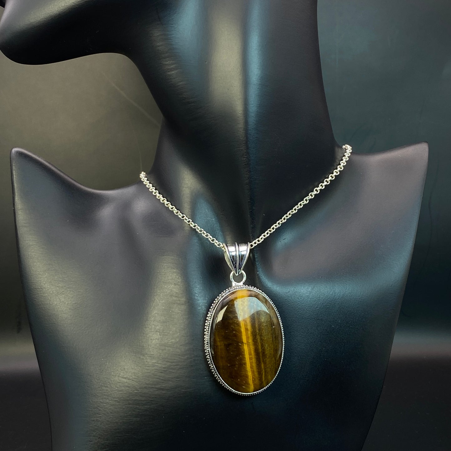 .925 Sterling Silver Tiger's Eye Oval Pendant #2